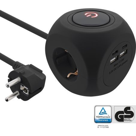 Steckdosenwürfel 3xSchuko+2xUSB-C+2xUSB-A schwarz 2mtr